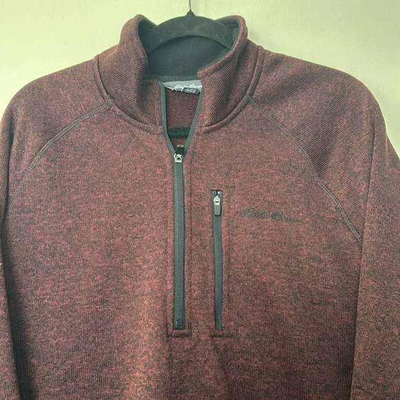 Men's Maroon Red Fleece Lined Eddie Bauer Quarter Zip Pullover Sweater Size XL - Picture 2 of 6